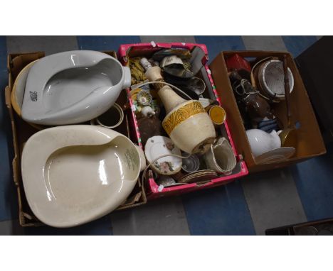 A Three Boxes of Ceramics to Include Mixing Bowls, Bed Pans, Table Lamp, Ornaments etc 