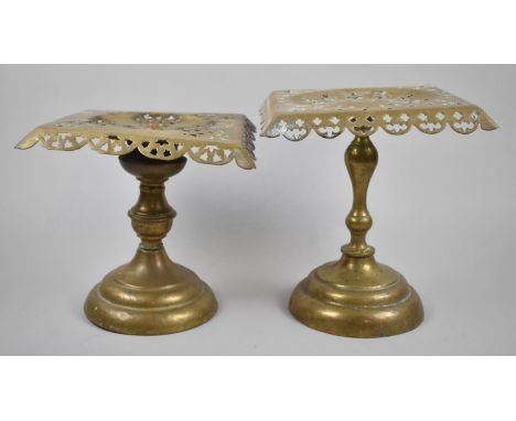 Two Victorian Brass Kettle Stands with Pierced Square Tops 