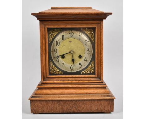 A Mid 20th Century Oak Cased Mantle Clock of Architectural Form with Continental Eight Day Movement, Working,34cm high 