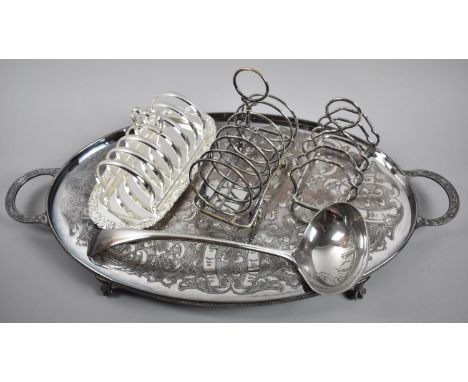 A Collection of Silver Plate to Include Oval Two Handled Tray on Four Call and Ball Feet, Large Silver Plated Ladle and Three
