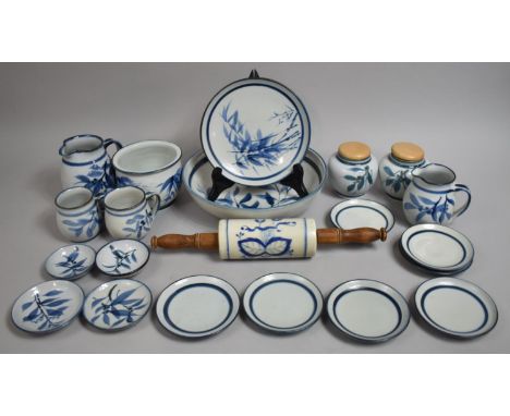 A Set of Continental Blue and White Glazed Kitchenware to Comprise Rolling Pin, Lidded Storage Jars, Bowls etc Decorated with