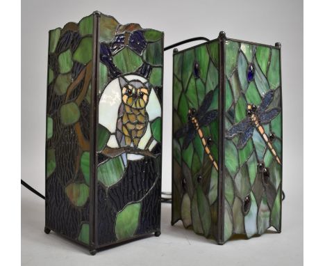 A Rectangular Style Tiffany Table Lamp and Ceiling Hanging Fitting Decorated Owl and Dragonfly, 27cm high 