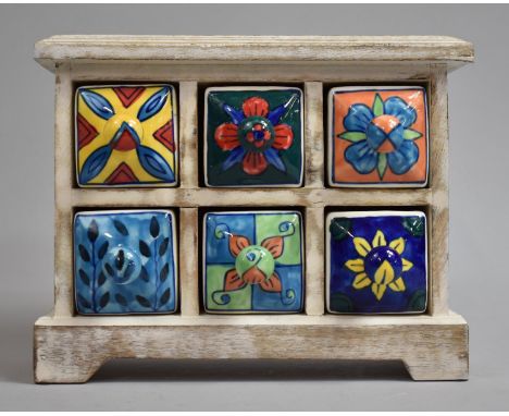 A Modern Continental Wooden Spice Chest with Six Glazed Ceramic Drawers, 25cm Wide 