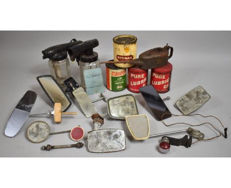 A Collection of Various Vintage Automobile Items to include Grease Tins, Oil Can, Rear View Mirror, Lights, Wing Mirrors etc 