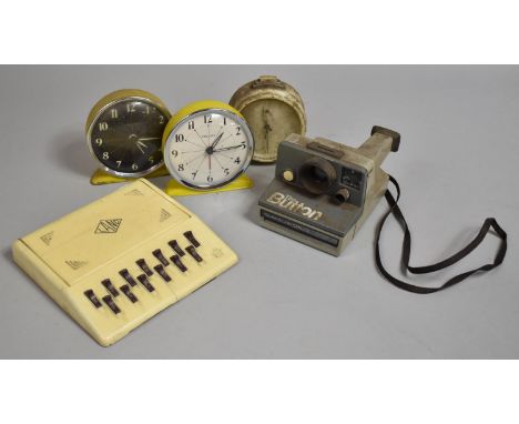 Three Vintage Alarm Clocks, Polaroid Land Camera etc 