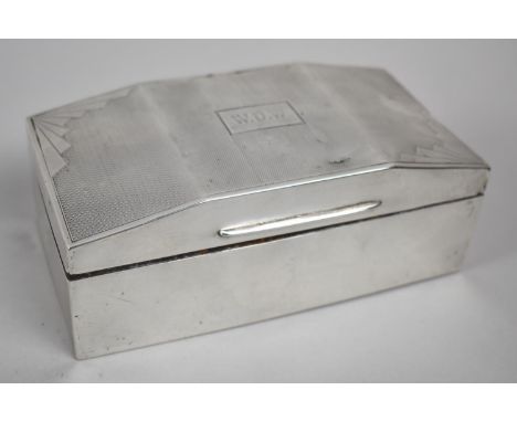 A Silver Art Deco Cigarette Box, the Hinged Lid Decoration with Engine Turned and Monogrammed WDW, Hallmark Rubbed, 17cm Wide