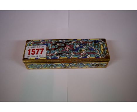 A brass and champleve enamel rectangular box, 12.5cm wide. 