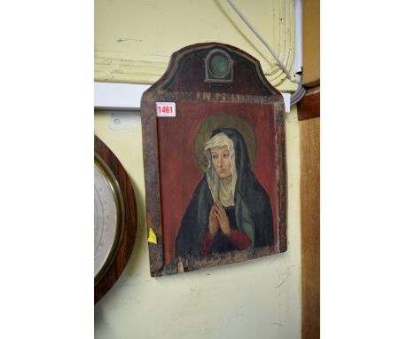 An antique Spanish icon of the Virgin Mary, oil on wood panel, 38.5 x 26.5cm.