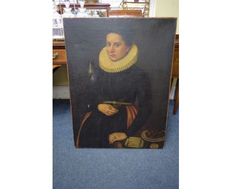 Dutch School, half length portrait of an early 17th century young woman, inscribed 'SVAE 22, 1614', oil on canvas, 91.5 x 69c