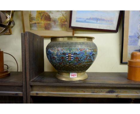 A Chinese brass and champleve enamel jardiniere, 20.5cm high. 