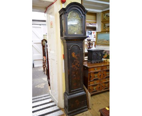 A George II green lacquered and gilt chinoiserie 8 day longcase clock, the 11 inch brass arched dial inscribed 'James Linsley