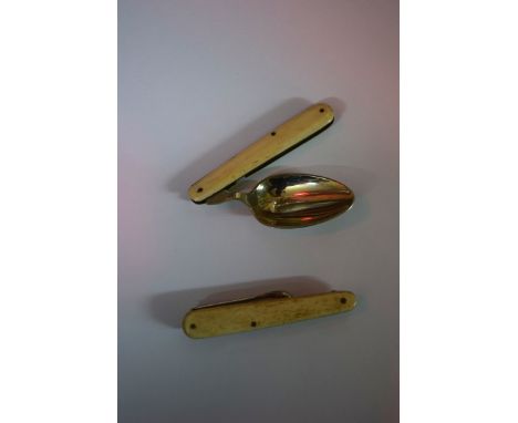 A pair of late 19th century bone handled electroplate folding fork and spoon set. 