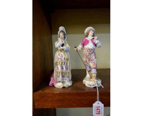 A pair of late 19th century Dresden porcelain figures of a gallant and companion, 19cm high. 