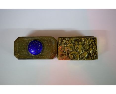A 19th century gilt brass box, the guilloche blue enamel set top with gilt star and crescent, 7.5cm; together with another an
