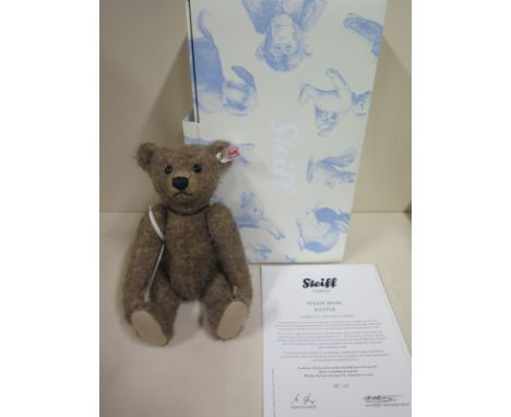 A Steiff Rattle Bear - 26cm tall, mohair - limited edition, number 197 of 1500 - in as new condition with original box and ce