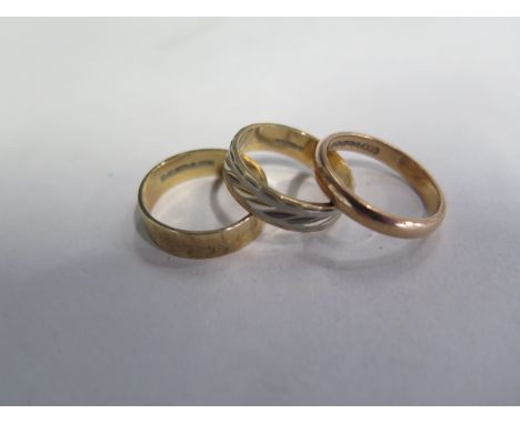 Three 9ct yellow gold band rings, sizes K L M, total weight approx 7.5 grams 