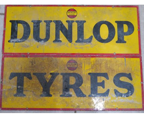 A vintage Dunlop Tyres tin sign in two parts, each part approx 29cm x 76.5cm - text visible but with wear throughout 