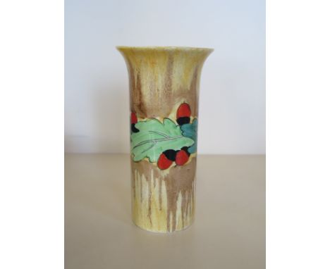 A Clarice Cliff Acorn pattern cylindrical vase 16cm tall, in good condition, no obvious damage 