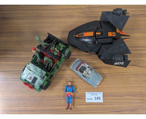 Vintage Toys: Assortment of vintage toys including original Mego DC Superman figure, MB Electronics Star Bird Intruder, Palit