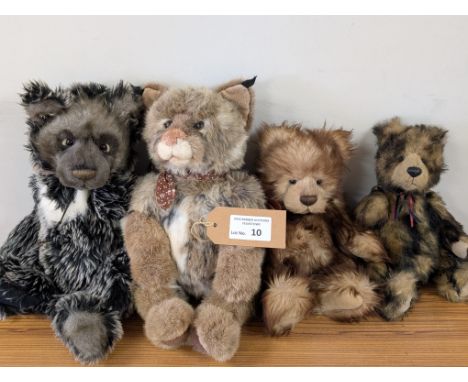 Teddy Bears: Charlie Bears group including Oakley, Morgan, and Max; all missing tags, Fair to Good conditions; plus Bearhouse