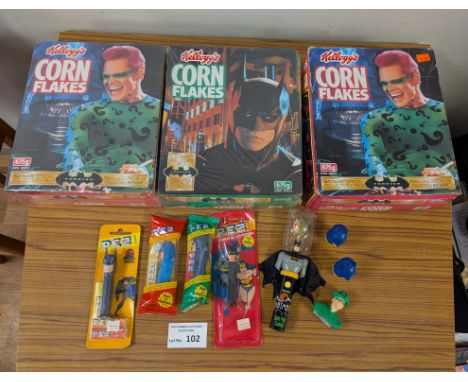 Vintage Toys: Batman assortment including Kellogg's Collectors cereal boxes (sealed with cereal still contained), Pez, and ot