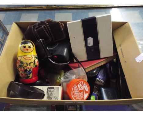 A Box Containing Russian Doll, Camera, Pens, Compass Etc. 