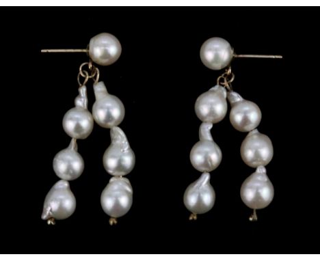 A pair of 9ct yellow gold long double row cultured pearl earrings. L. 4cms.