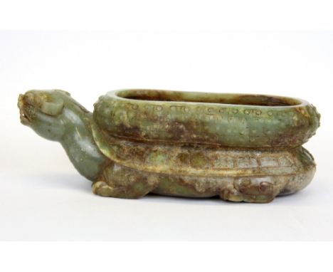 A Chinese carved archaic form nephrite jade brush washing bowl of a mythical tortoise, L. 20cm.