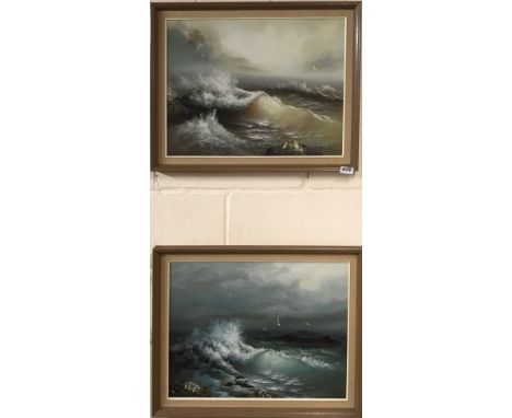 A pair of framed seascapes signed R English, framed size 61 x 48cm.