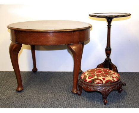 A tripod legged mahogany wine table, a side table and a Georgian footstool with purchase receipt, sizes 50 x 30cm, 45 x 60cm,