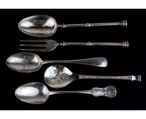 A heavy hallmarked silver spoon and fork with a hallmarked silver Christmas spoon and two further spoons.