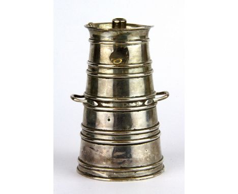 A hallmarked silver milk churn shaped pepper grinder case, H. 10cm.