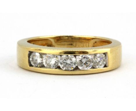 A hallmarked 18ct gold ring set with five brilliant cut diamonds marked inside 0.5ct. (K), W. 4.3g.