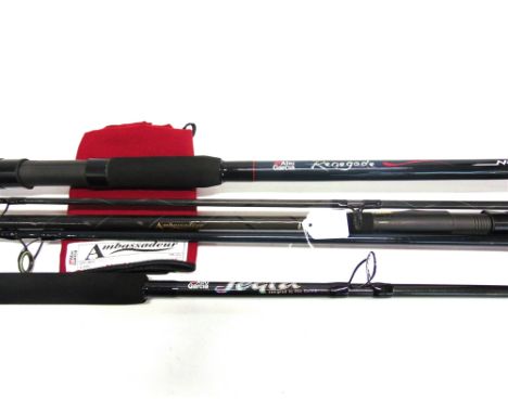 A GROUP OF THREE ABU GARCIA FISHING RODS to include 'segra' 7'9', two piece 'Ambassadeur Speciman' 12' and two piece 'Renegad