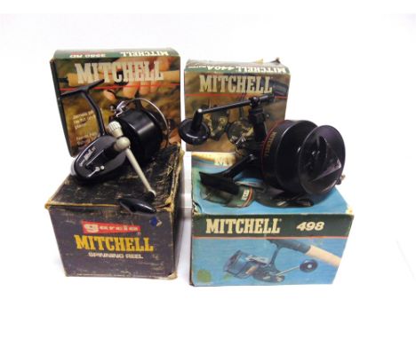 A GROUP OF FOUR MITCHELL FISHING REELS  to include '498', '307', 'MATCH 440A' and 'RD 3550' with wear to boxes (4).