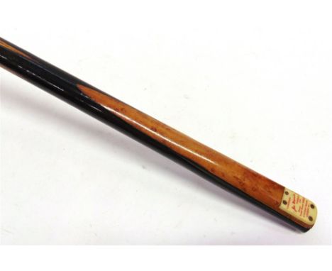 SNOOKER - A 'JOE DAVIS' CHAMPION SNOOKER CUE  'Worlds Snooker Record 140, 24 fitzroy squares W1', length 148cm.