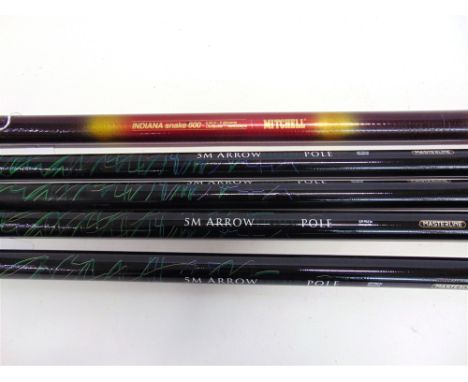 A GROUP OF FIVE FISHING POLES to include a Mitchell Indiana Snake 600 telescopic and four Arrow light 5m Masterline telescopi