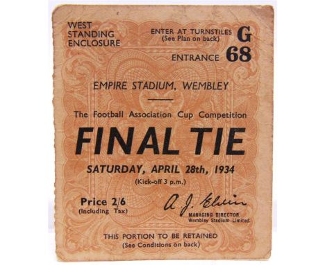 FOOTBALL - AN F.A. CUP FINAL TICKET, 1934  (Manchester City v. Portsmouth), for the West Standing Enclosure, Turnstiles G, En
