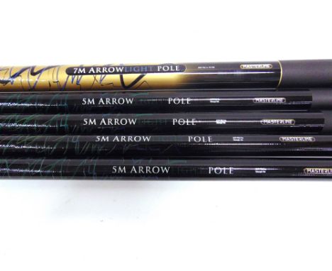 A GROUP OF FIVE MASTERLINE FISHING POLES to include one 7m arrow light put over pole, and four 5m telescopic poles.  All in g