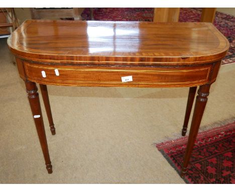 Late Georgian mahogany and inlaid D shaped card table with baize lined interior, 92cm wide