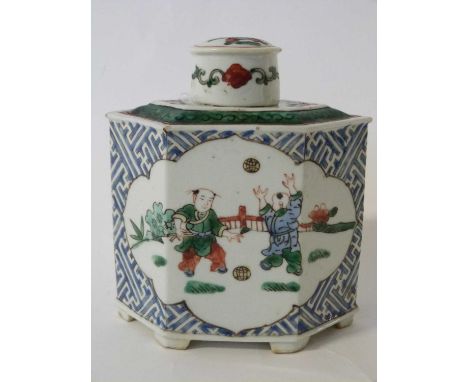 A Chinese porcelain tea caddy with famille vert decoration of Chinese children16cm highgood conditon