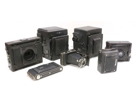 Various Cameras Ruby Delux and a similar examples (both lacking lenses) Thornton Imperial Pocket, two Kodak folding and two o