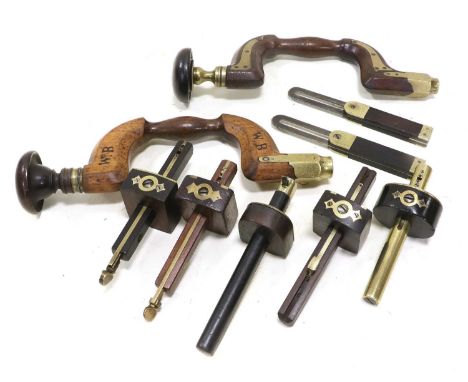 Various Brass Fitted Woodworking Tools two braces, five scribes and two sliding T bevels (9)