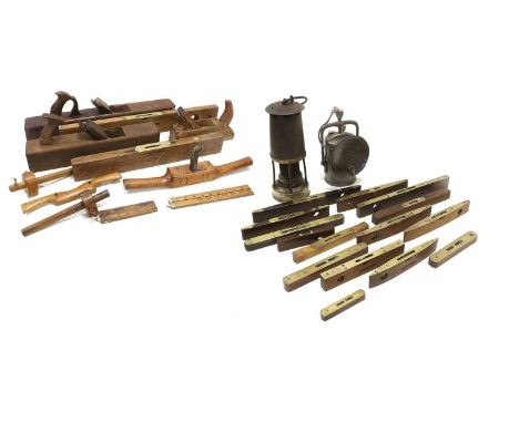 Various Woodworking Tools including 16 brass fitted sprit levels, three wooden planes and a few others; also included a Prote