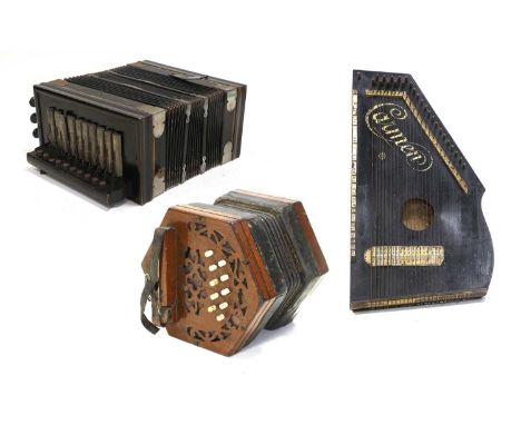 Concertina 20 button, palm rest stamped 'Steel Reeds' serial no.130344, no label; Flutina 10 treble with three stops, three b