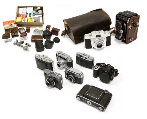 Various Cameras including Yashica 635 with f3.5 80mm lens and booklet; Zeiss Ikon folding with CZJ f2.8 80mm lens; Cosmic 35 