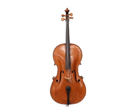 Cello 29 3/16" two piece back, ebony fingerboard and tailpiece, boxwood pegs, no label; width at upper bout 14", middle 10 1/