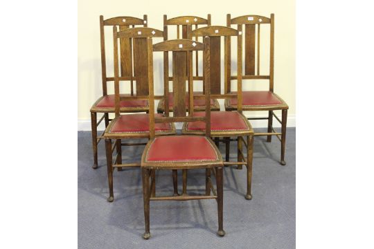 A Set Of Six Early 20th Century Arts And Crafts Style Oak Splat Back A Set Of Six Early 20th Century Arts And Crafts Style Oak Splat Back Dining Chairs Each Upholste