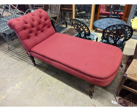 A Victorian mahogany drop arm daybed upholstered in buttoned red fabric, length 160cm, depth 70cm, height 96cm