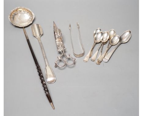 A Victorian silver fiddle and thread pattern stilton scoop, George Adams, London, 1852, 22.3cm, a small group of silver flatw